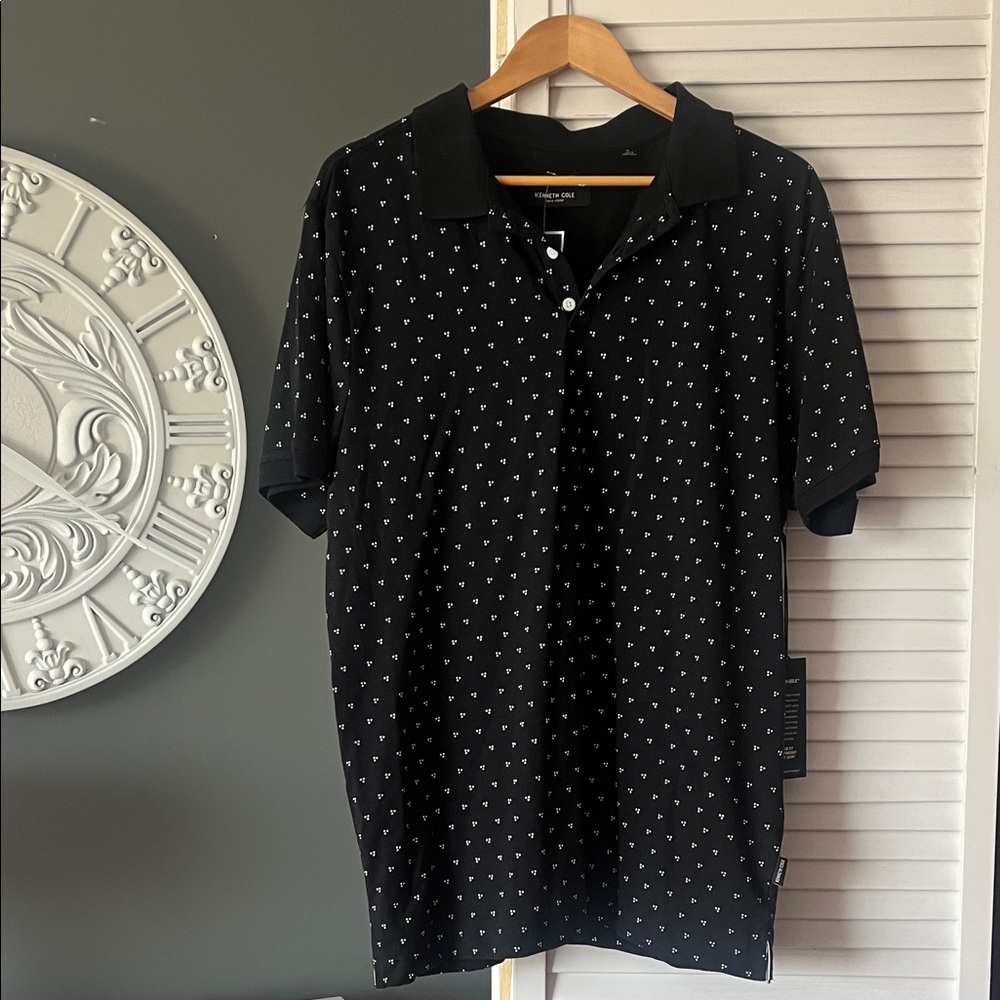 Kenneth Cole Black and White Patterned Polo Shirt